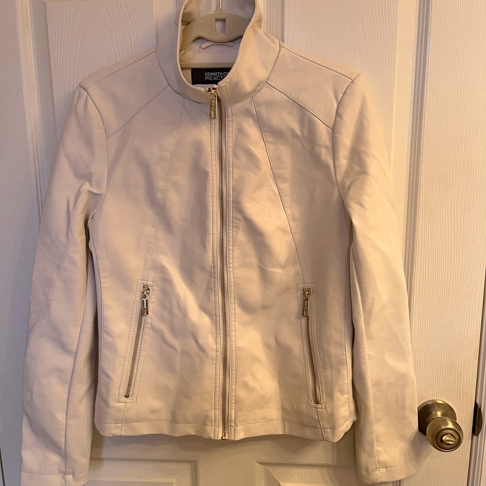 Kenneth Cole Reaction Faux Leather Winter White Bomber Jacket